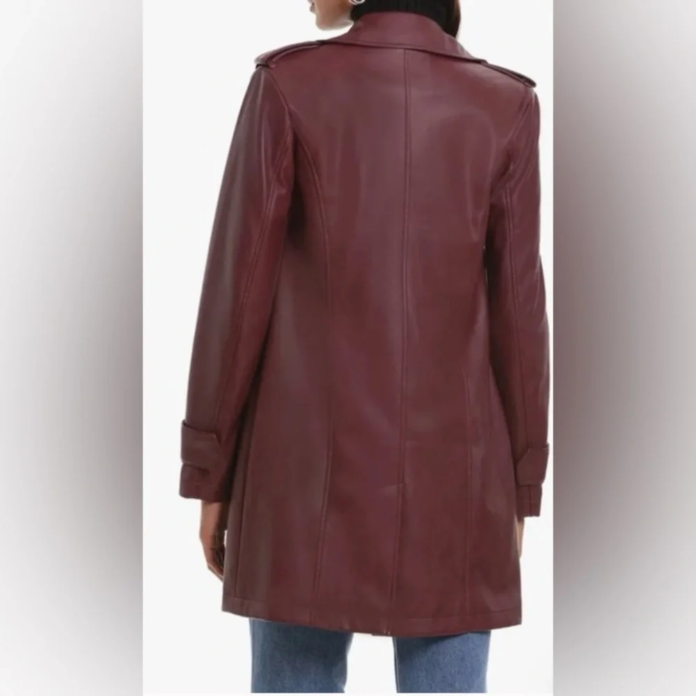 NWT-Bagatelle Open Front Faux Leather Trench Coat - Medium - Zinfandal - Picture 2 of 11